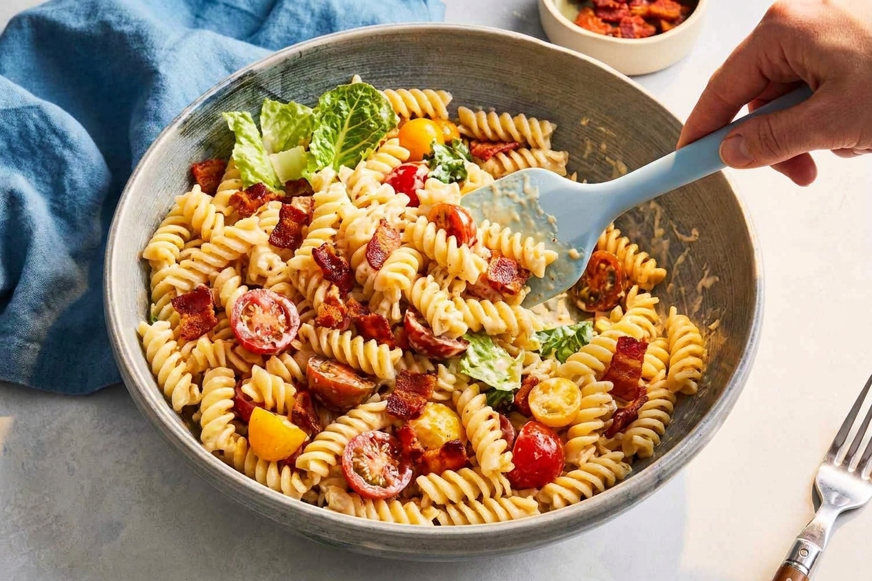 A large mixing bowl of rotini, bacon, and cherry tomatoes being tossed with creamy dressing using a silicone spatula on a kitchen counter
