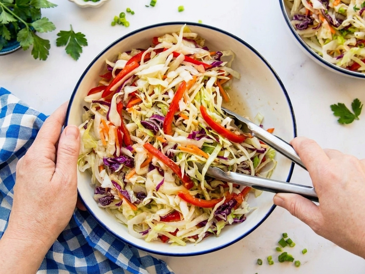 A large mixing bowl of shredded cabbage and carrots being tossed with tongs as vinegar dressing coats the vegetables, overhead kitchen view