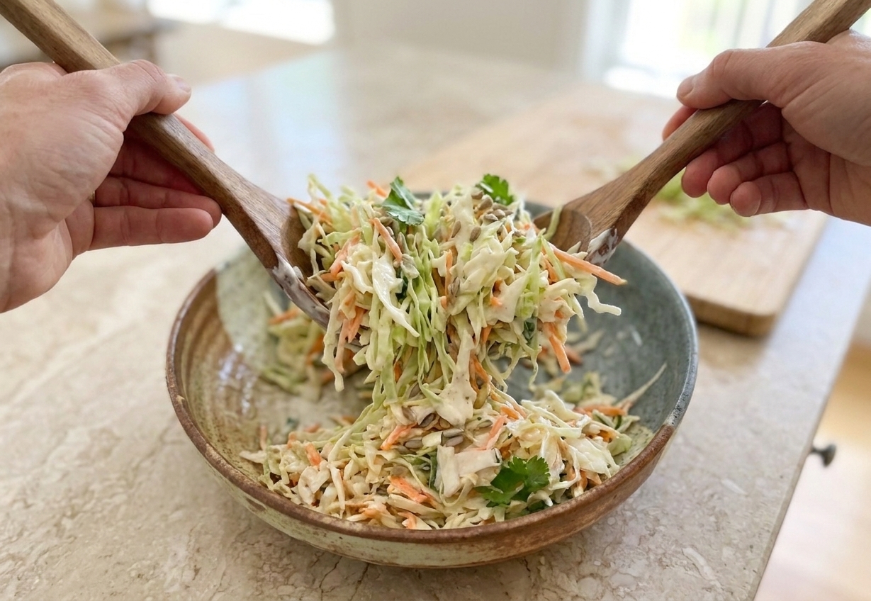 A large mixing bowl of shredded cabbage and carrots being tossed with creamy dressing until evenly coated