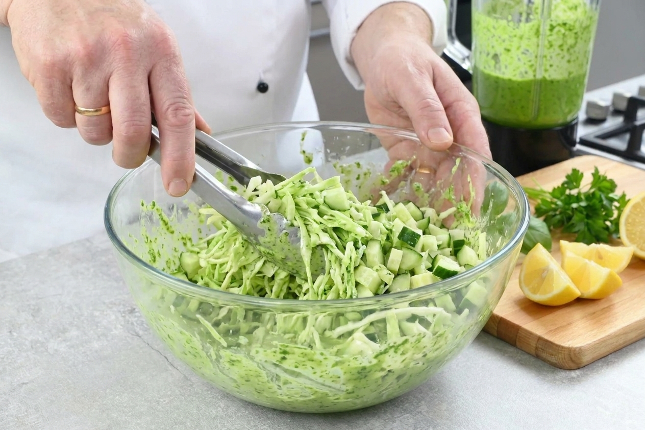 A large mixing bowl of shredded cabbage and diced cucumbers being tossed with creamy green goddess dressing using tongs on a bright kitchen counter