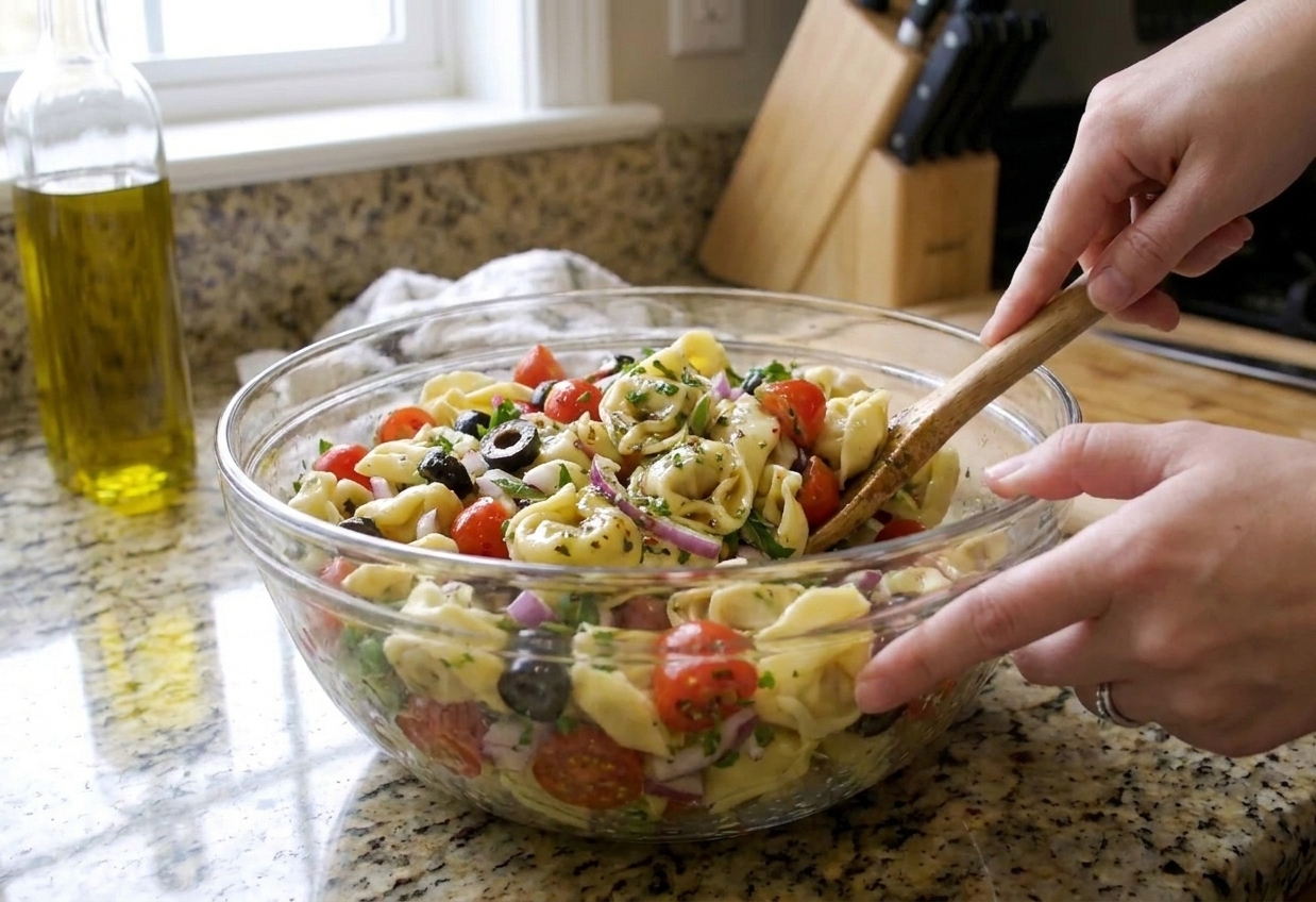 A large mixing bowl of tortellini pasta salad being tossed with Italian vinaigrette using a wooden spoon on a kitchen counter