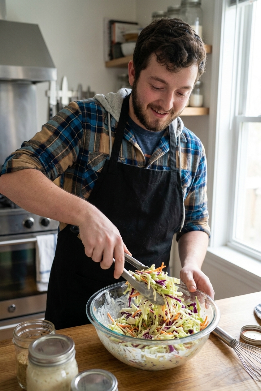 A large mixing bowl on a kitchen counter with shredded cabbage and carrots being tossed with creamy dressing using tongs, real photo style