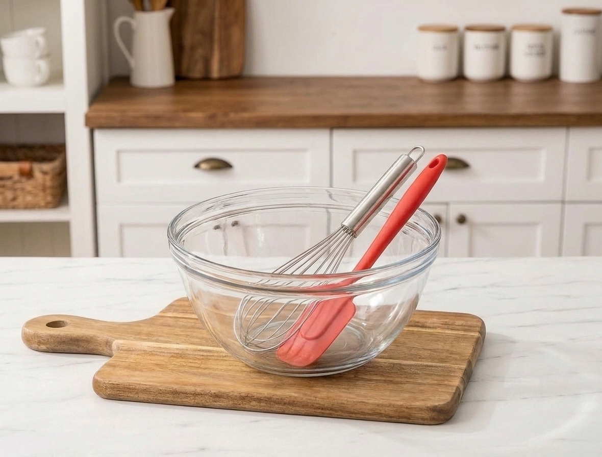 A large mixing bowl with a whisk and rubber spatula on a clean kitchen counter.