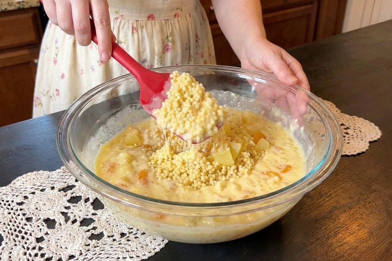 A large mixing bowl with acini di pepe pasta being folded into cooled pineapple custard using a rubber spatula