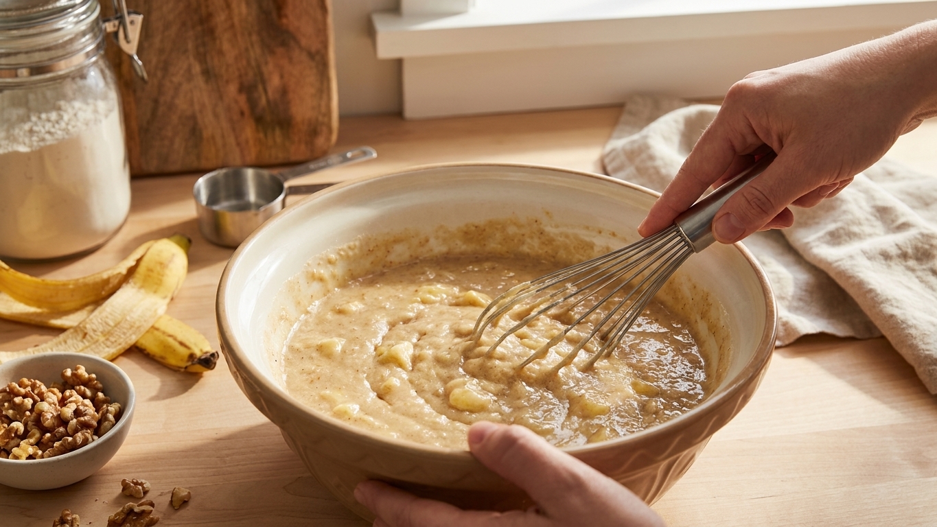 A large mixing bowl with banana bread batter being stirred with a whisk on a home kitchen counter