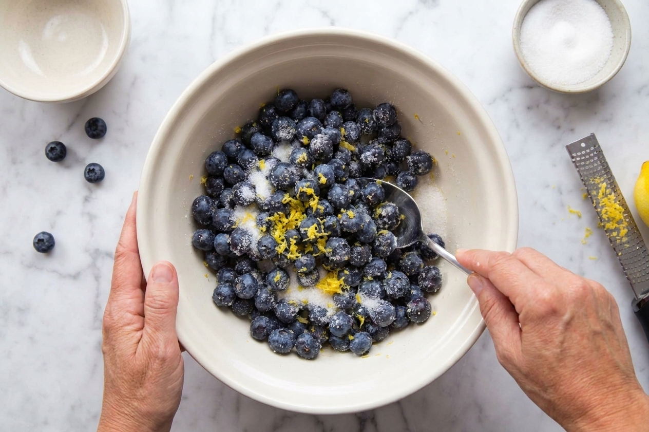 A large mixing bowl with blueberries being tossed with sugar and lemon zest using a spoon on a kitchen counter