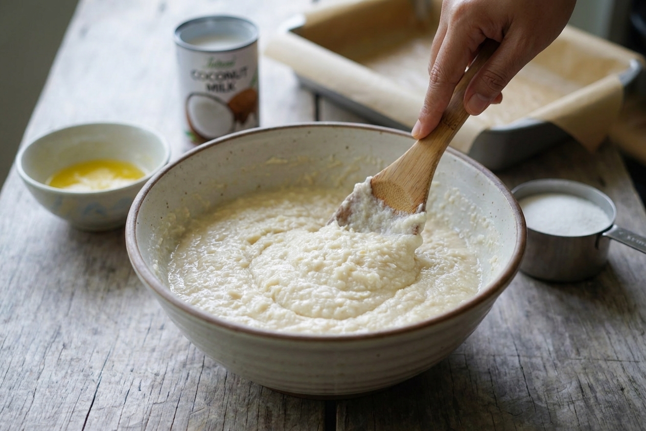 A large mixing bowl with cassava cake batter being stirred with a spatula on a kitchen counter