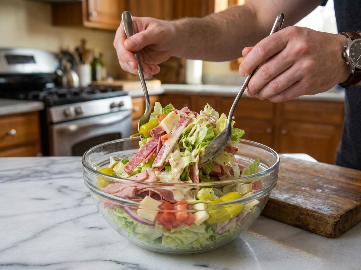 A large mixing bowl with chopped lettuce, deli meats, provolone, tomatoes, onions, and pepperoncini being tossed with a creamy dressing