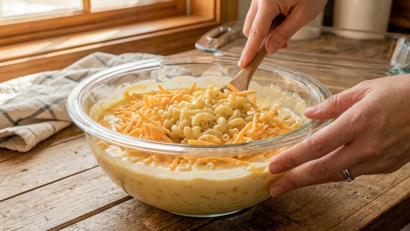 A large mixing bowl with cooked elbow macaroni being stirred into a creamy custard mixture and shredded cheese on a kitchen counter
