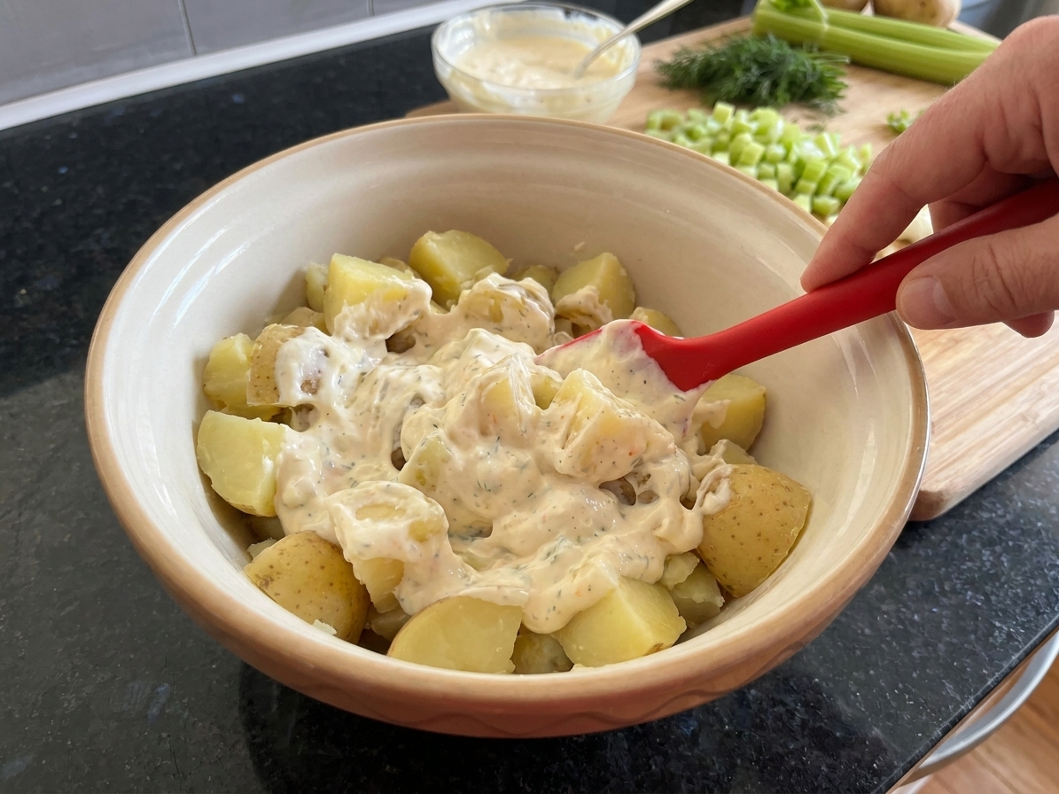 A large mixing bowl with cooked potato chunks being folded with creamy dressing using a rubber spatula, on a home kitchen counter