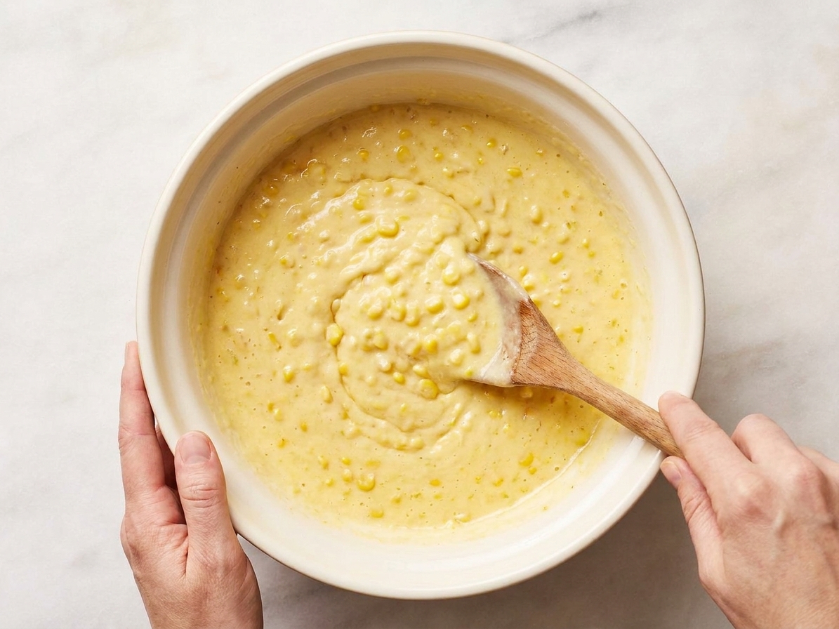 A large mixing bowl with corn pudding batter being stirred with a wooden spoon, showing visible corn kernels