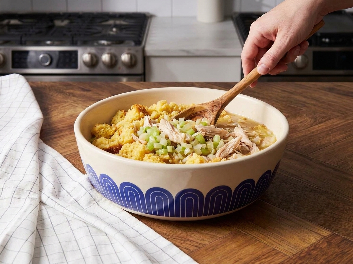 A large mixing bowl with cornbread crumbs, shredded chicken, sautéed vegetables, and broth being stirred with a wooden spoon on a kitchen counter
