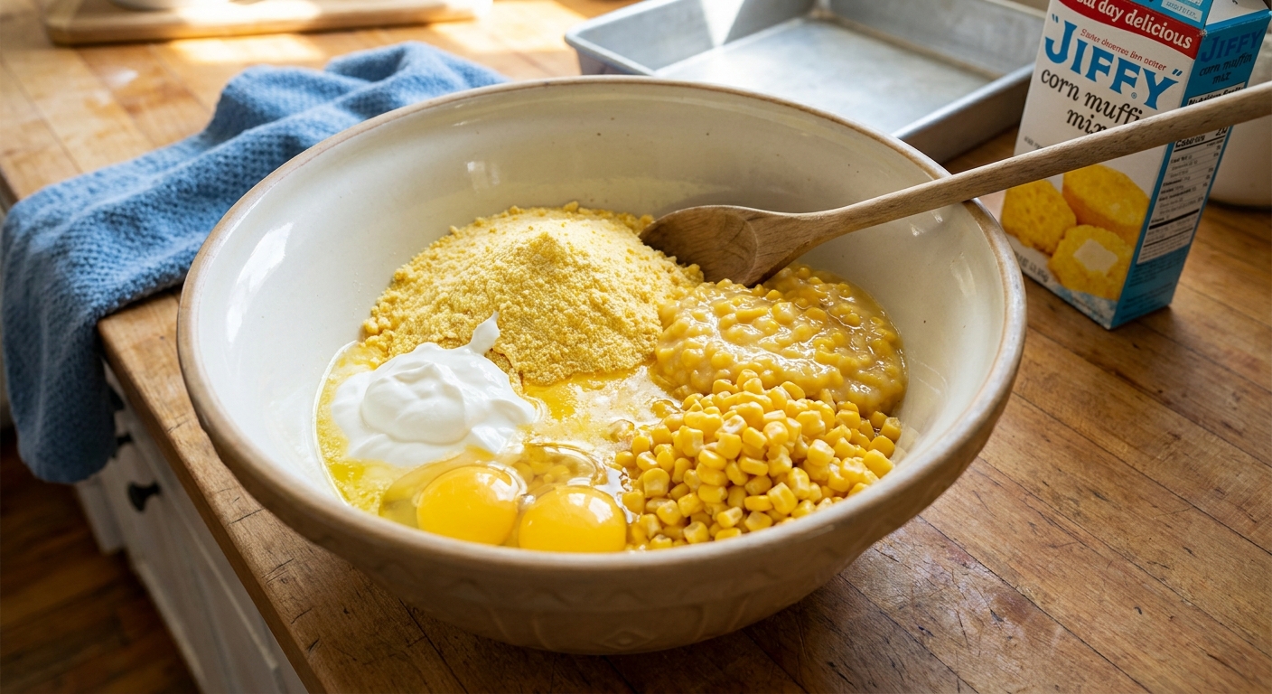 A large mixing bowl with creamed corn, drained corn, eggs, sour cream, melted butter, and Jiffy mix ready to be stirred together on a kitchen counter