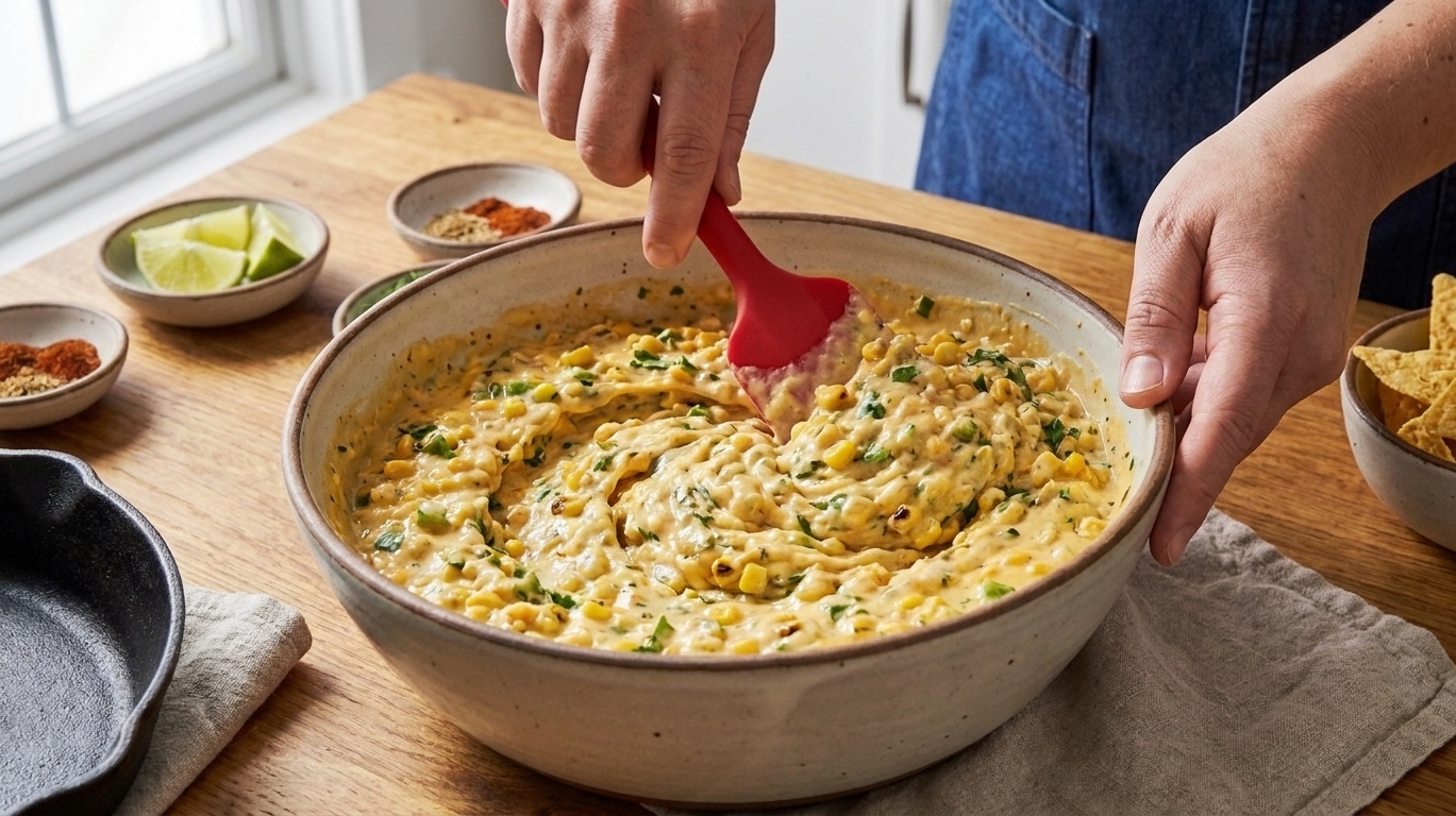 A large mixing bowl with creamy Mexican corn dip being stirred with a rubber spatula, showing corn kernels and green chiles throughout