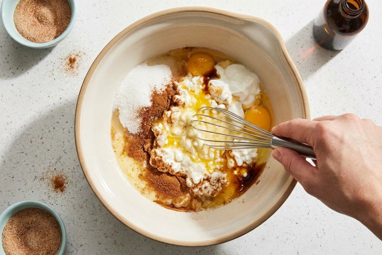 A large mixing bowl with eggs, sour cream, cottage cheese, sugar, cinnamon, and vanilla being whisked together on a kitchen counter