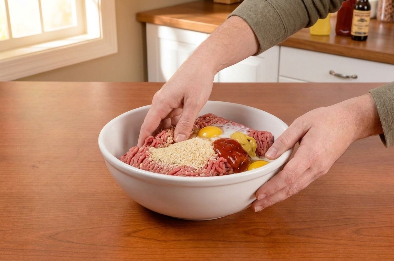 A large mixing bowl with ground beef and seasonings being gently mixed by hand on a home kitchen counter