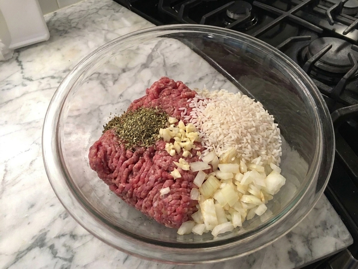 A large mixing bowl with ground beef, uncooked rice, chopped onion, minced garlic, and seasonings ready to be mixed for cabbage roll filling