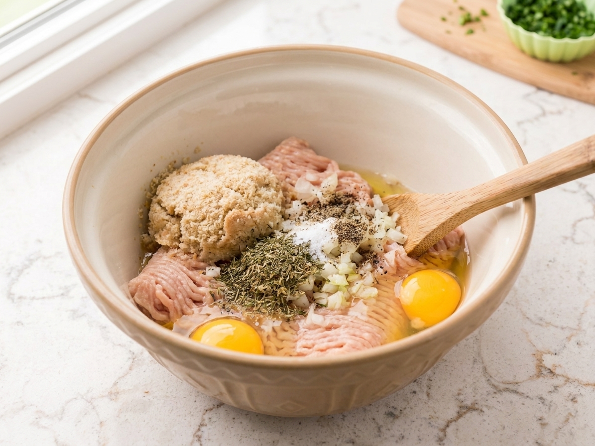 A large mixing bowl with ground chicken, soaked breadcrumbs, eggs, and seasonings ready to be mixed on a clean kitchen counter
