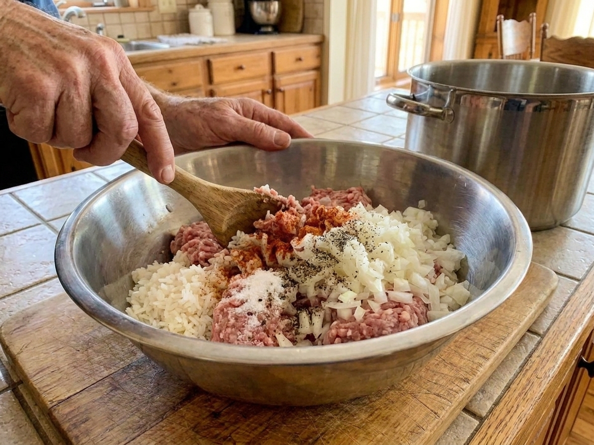 A large mixing bowl with ground pork, cooked rice, diced onion, and seasonings being mixed with a spoon on a kitchen counter