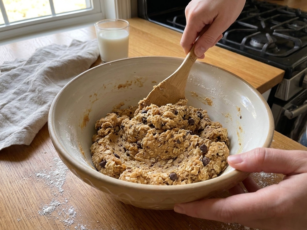 A large mixing bowl with lactation cookie dough being stirred with a spatula, showing oats and chocolate chips in the batter on a kitchen counter