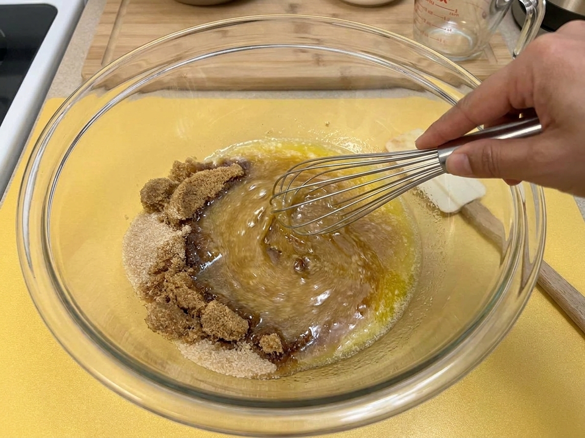 A large mixing bowl with melted butter and sugars being whisked together on a kitchen counter