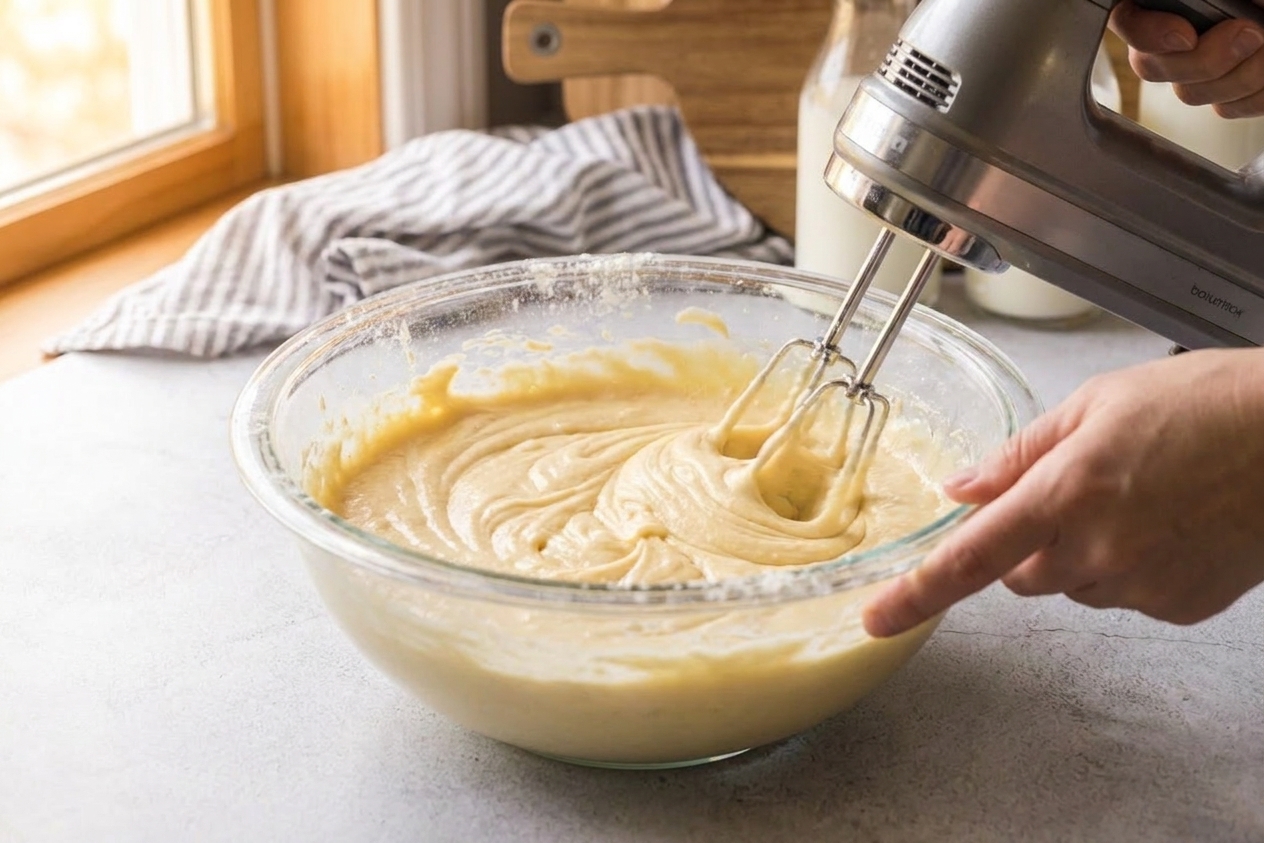 A large mixing bowl with pale cake batter being mixed with a hand mixer on a kitchen counter