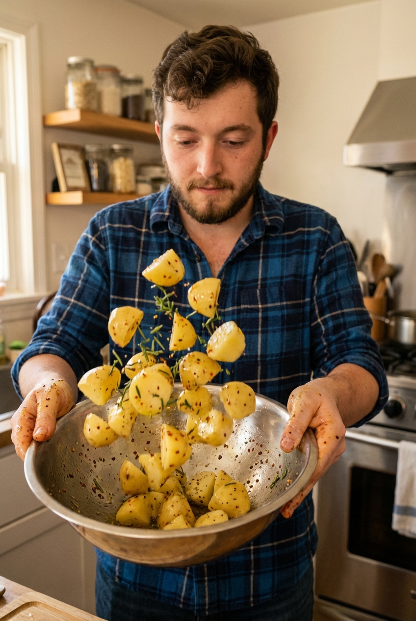 A large mixing bowl with parboiled potato chunks being tossed with olive oil, spices, and chopped rosemary