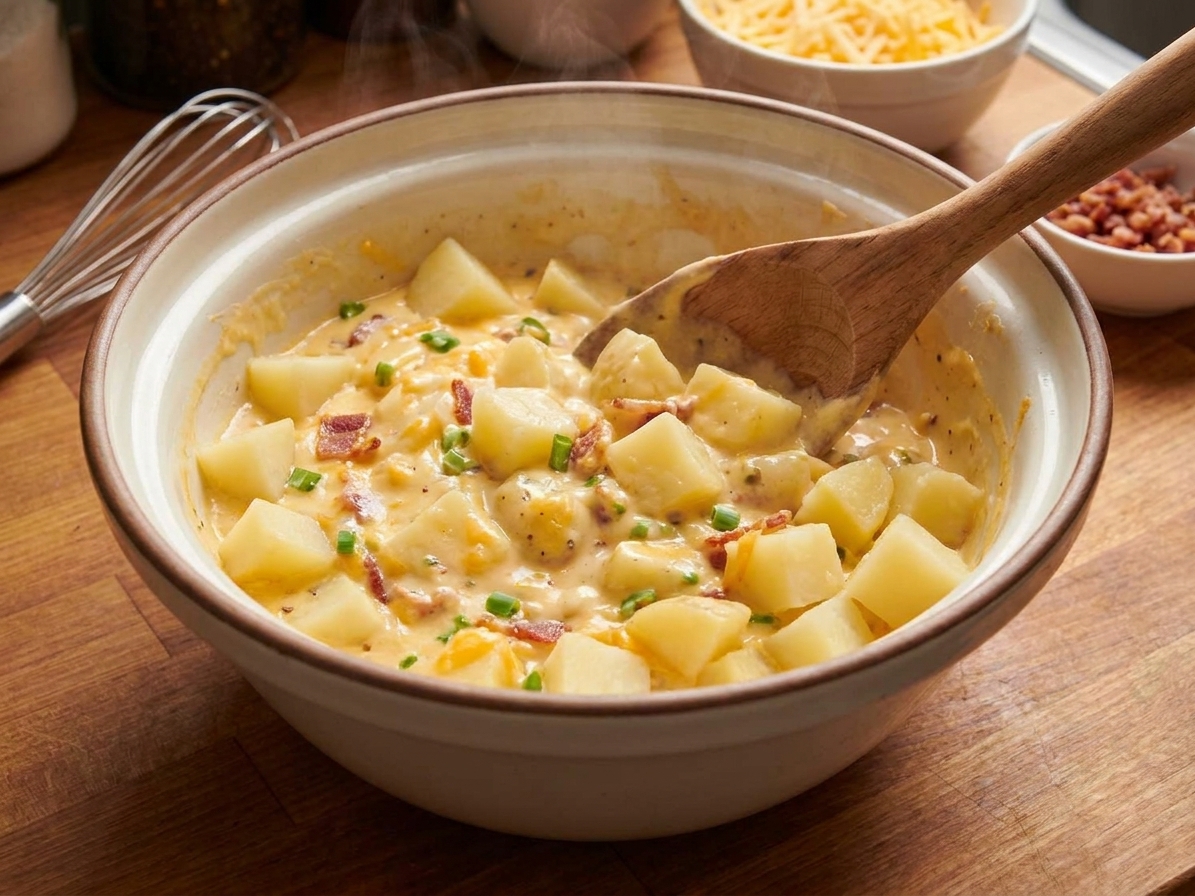 A large mixing bowl with parboiled potato cubes being folded into a creamy cheddar sauce with bacon and green onions