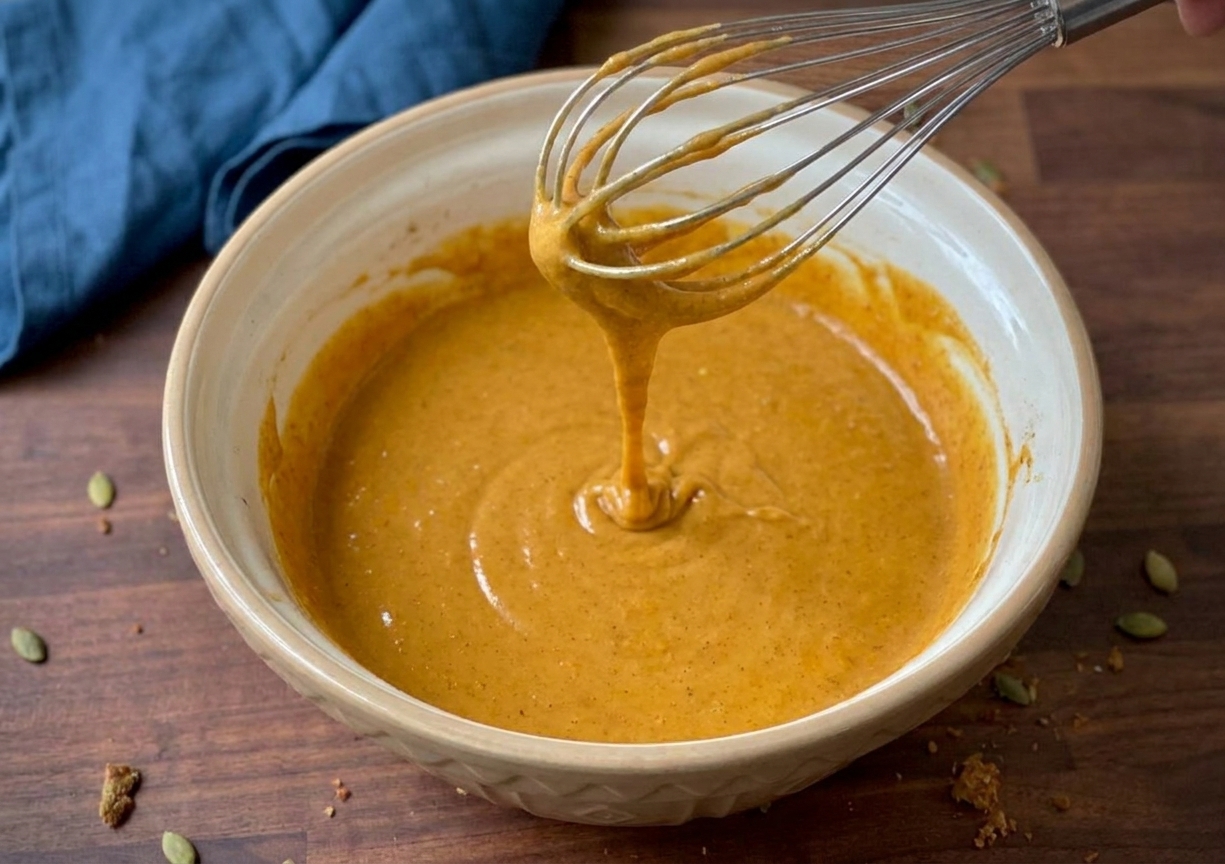 A large mixing bowl with pumpkin batter being whisked until smooth, with a whisk held over the bowl on a kitchen counter