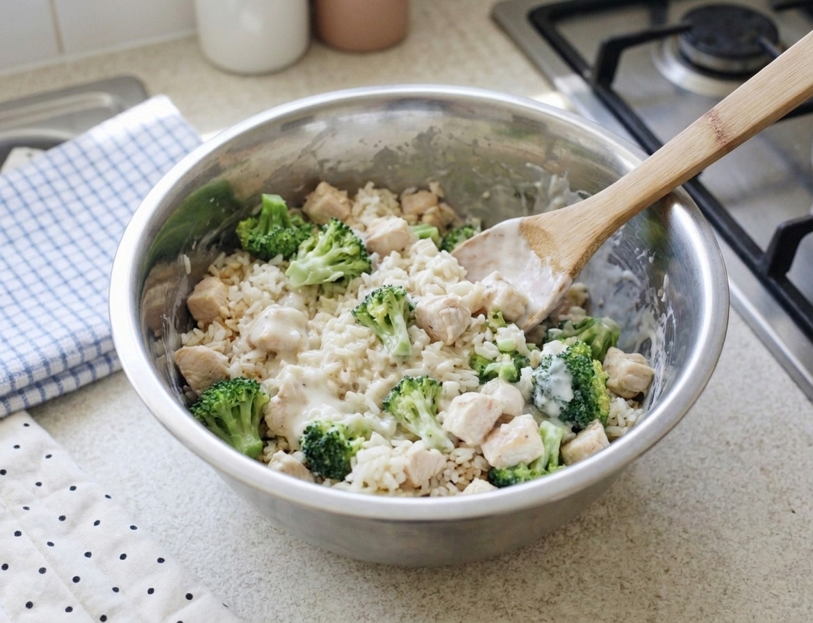 A large mixing bowl with rice, chicken, broccoli, and creamy sauce being stirred with a wooden spoon