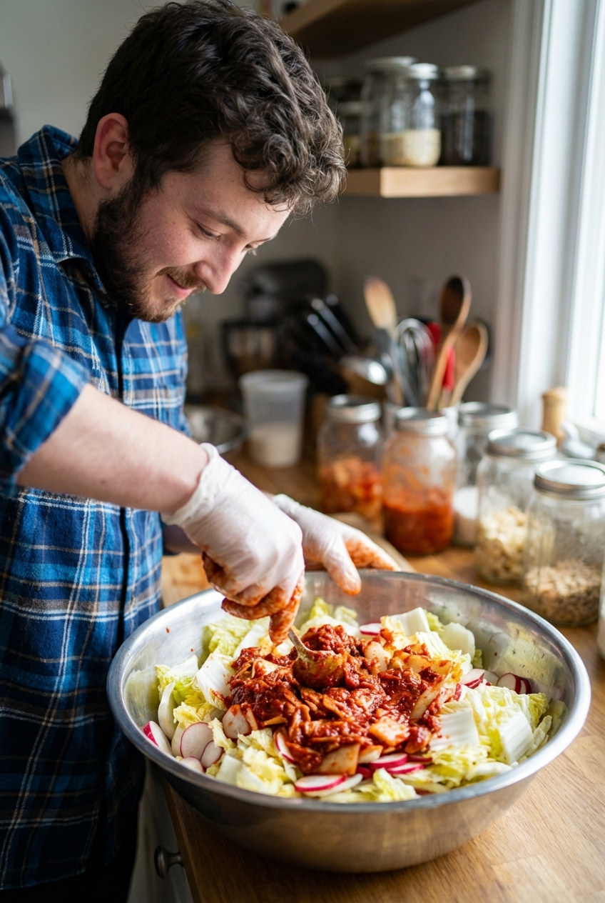 A large mixing bowl with salted napa cabbage and a spoonful of red kimchi paste being mixed by hand