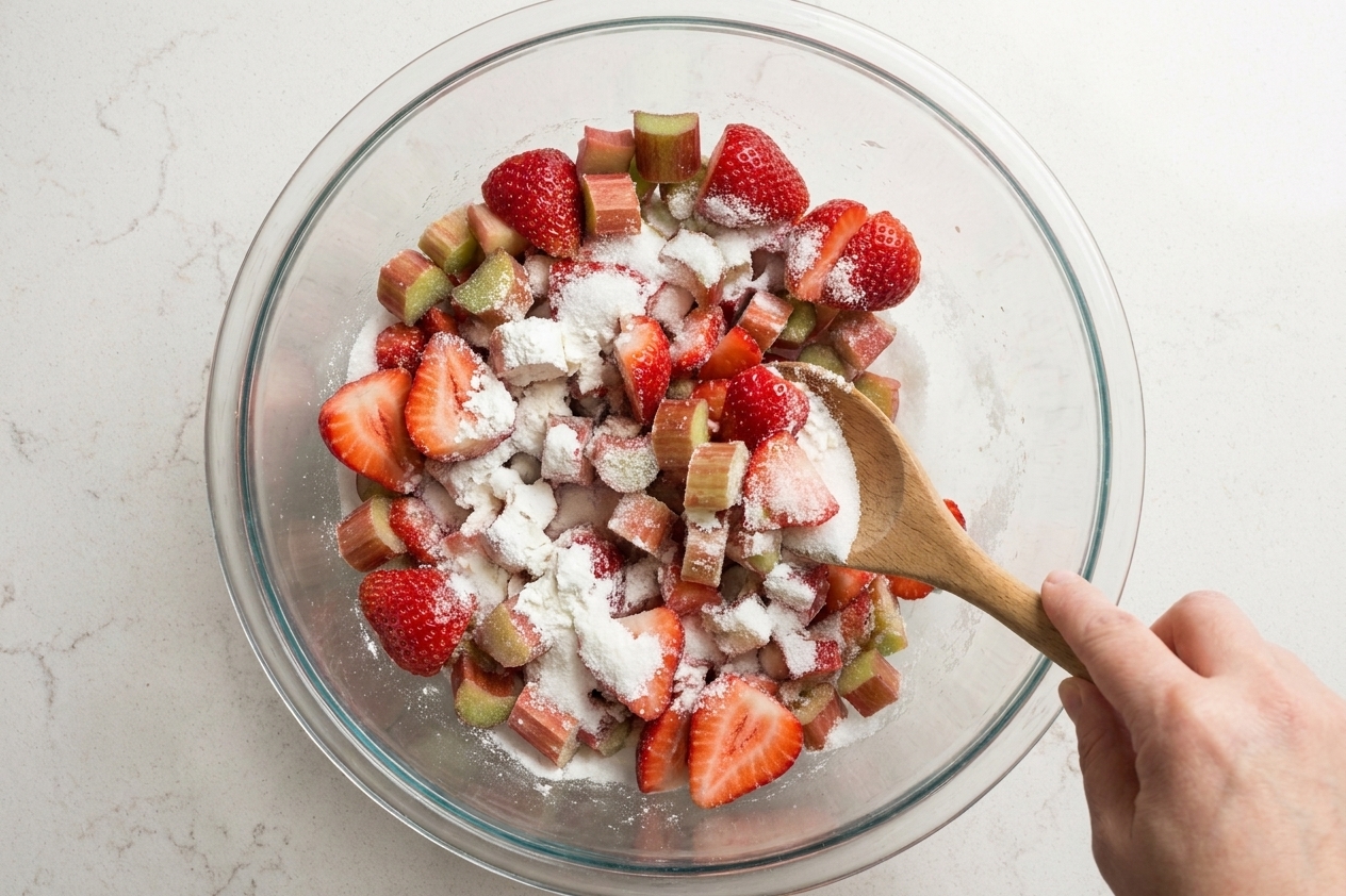 A large mixing bowl with strawberries and rhubarb being tossed with sugar and cornstarch using a wooden spoon