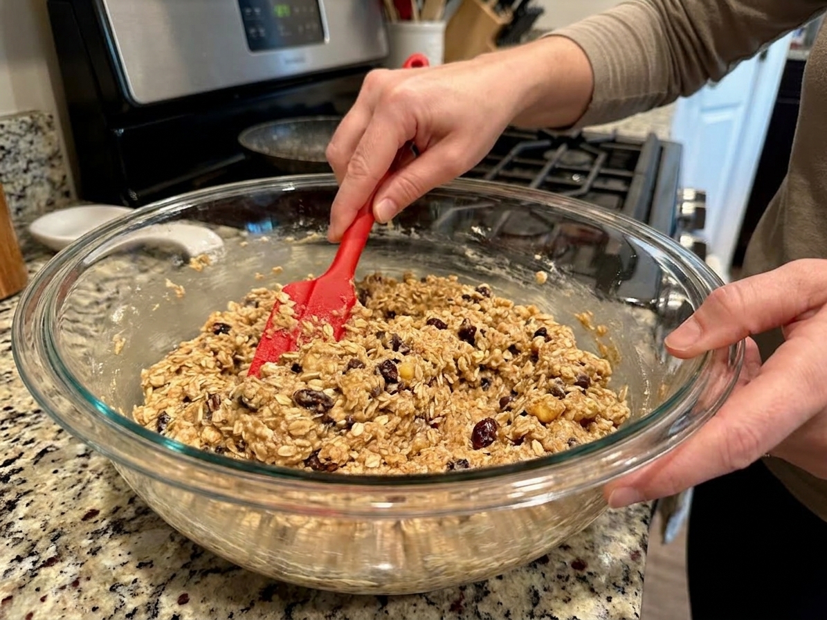 A large mixing bowl with thick oatmeal bar batter being stirred with a rubber spatula on a clean kitchen counter