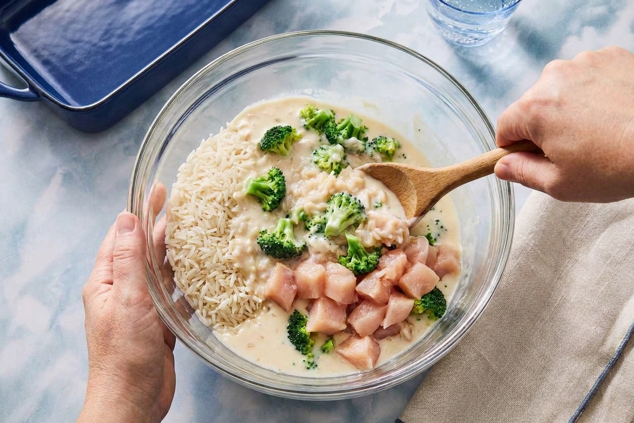 A large mixing bowl with uncooked rice, creamy sauce, broccoli, and diced chicken being stirred together on a kitchen counter