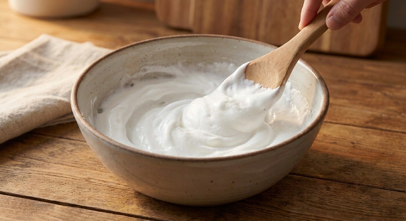 A large mixing bowl with white glue and shaving cream being stirred with a spatula on a bright kitchen counter