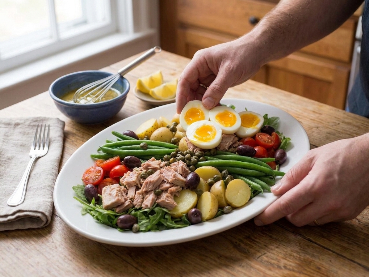 A large platter being assembled with sections of potatoes, green beans, tomatoes, tuna, olives, and eggs on a kitchen counter