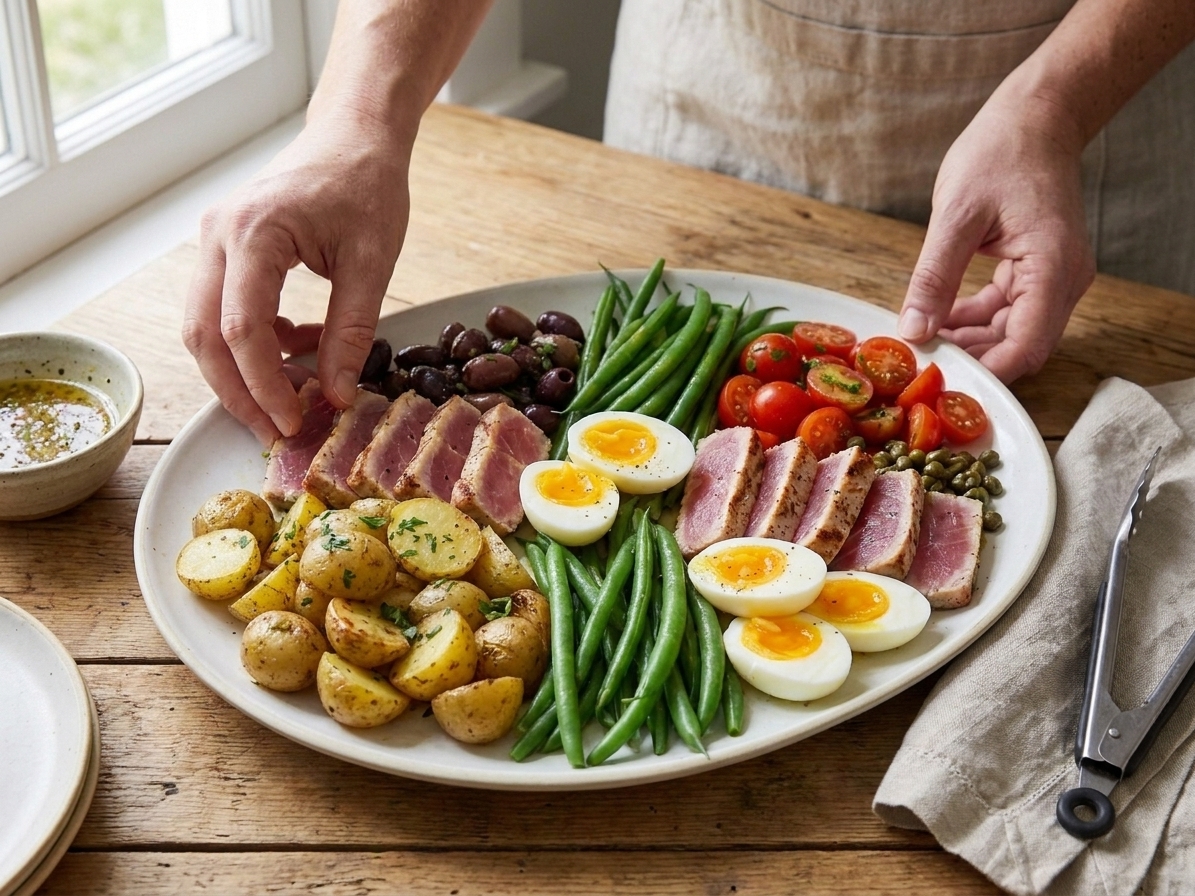A large platter mid-assembly with piles of potatoes, green beans, tuna, tomatoes, olives, and eggs arranged in sections on a wooden table