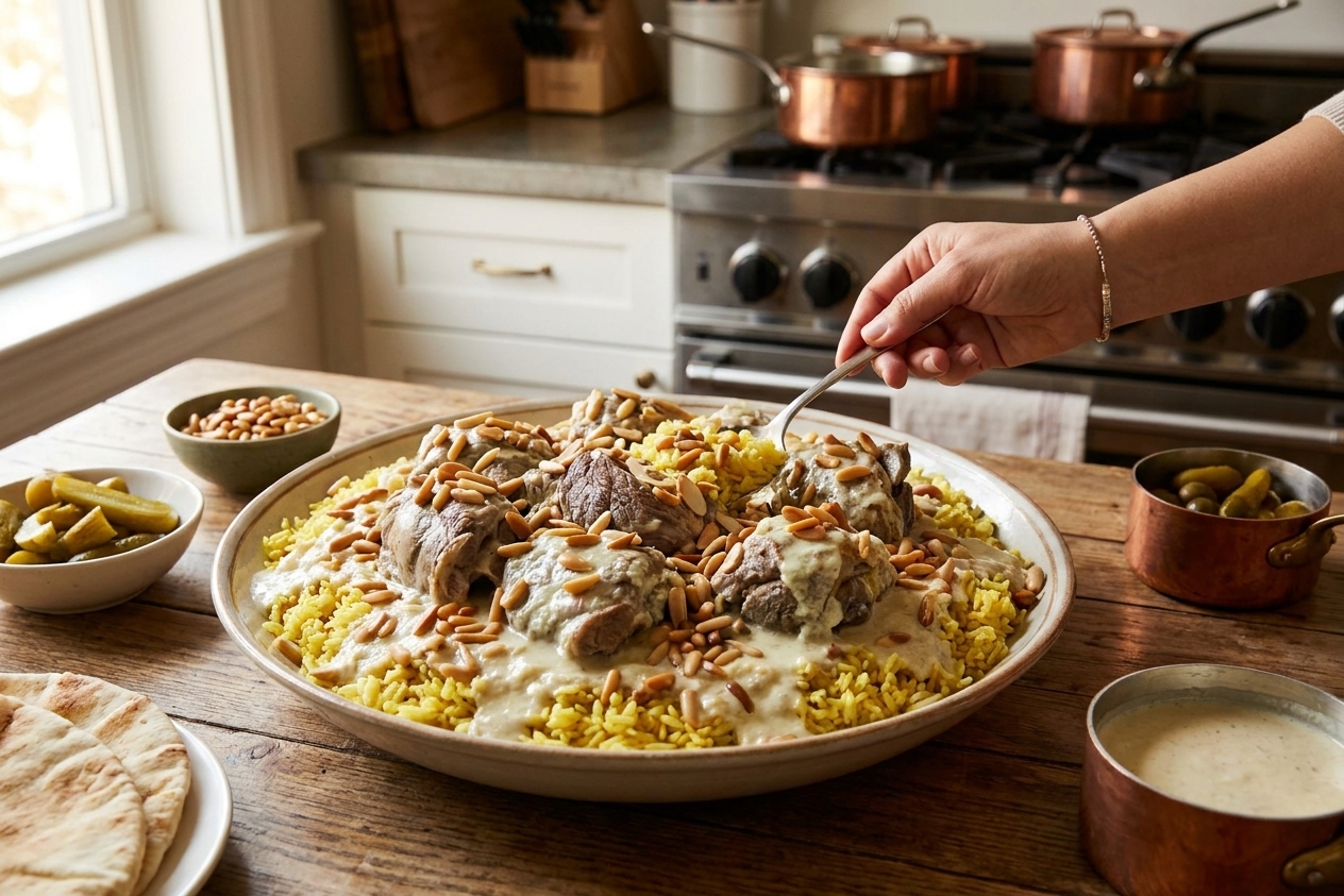 A large platter of Jordanian mansaf with lamb pieces in a pale yogurt sauce over rice, topped with toasted almonds and pine nuts, set on a warm kitchen table