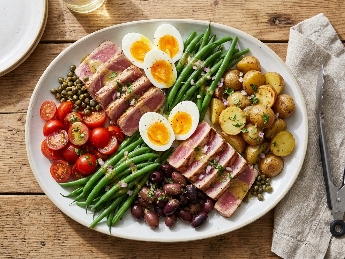 A large platter of Niçoise salad with tuna, jammy eggs, green beans, baby potatoes, tomatoes, olives, and a lemony Dijon vinaigrette on a wooden table in natural light