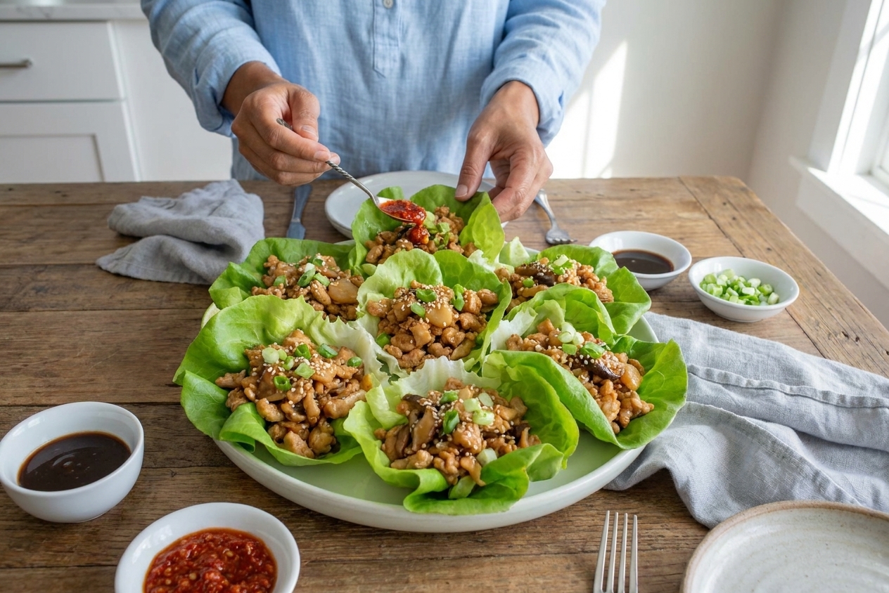 A large platter of PF Chang-inspired lettuce wraps with butter lettuce cups filled with glossy chicken mixture, garnished with sliced green onions and sesame seeds on a warm kitchen table