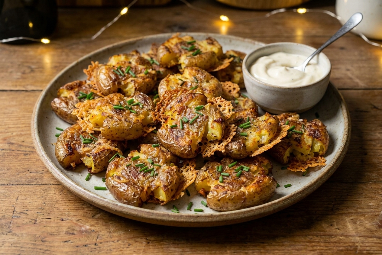 A large platter of crispy smashed baby potatoes with lacy parmesan edges, garnished with chopped chives, with a small bowl of creamy aioli on a warm wood table under soft kitchen lighting