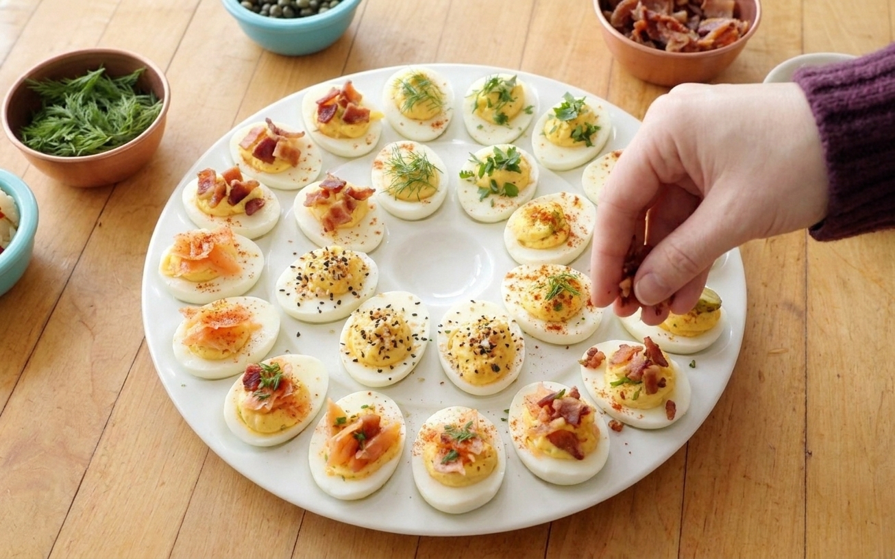 A large platter of deviled eggs arranged in neat rows on a bright kitchen table, topped with paprika, herbs, and crispy bacon bits