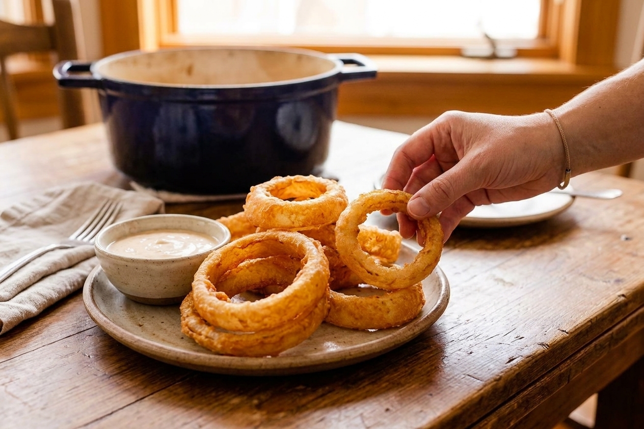 A large platter of extra thick, golden brown onion rings with a small bowl of creamy dipping sauce on a wooden table in a bright home kitchen
