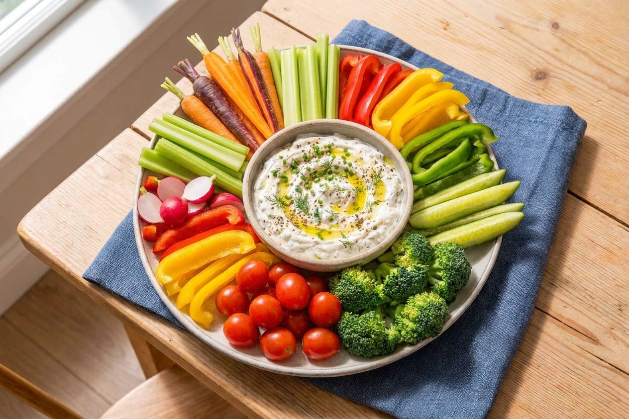 A large platter of fresh cut vegetables arranged around a bowl of creamy dip on a wooden table, natural window light