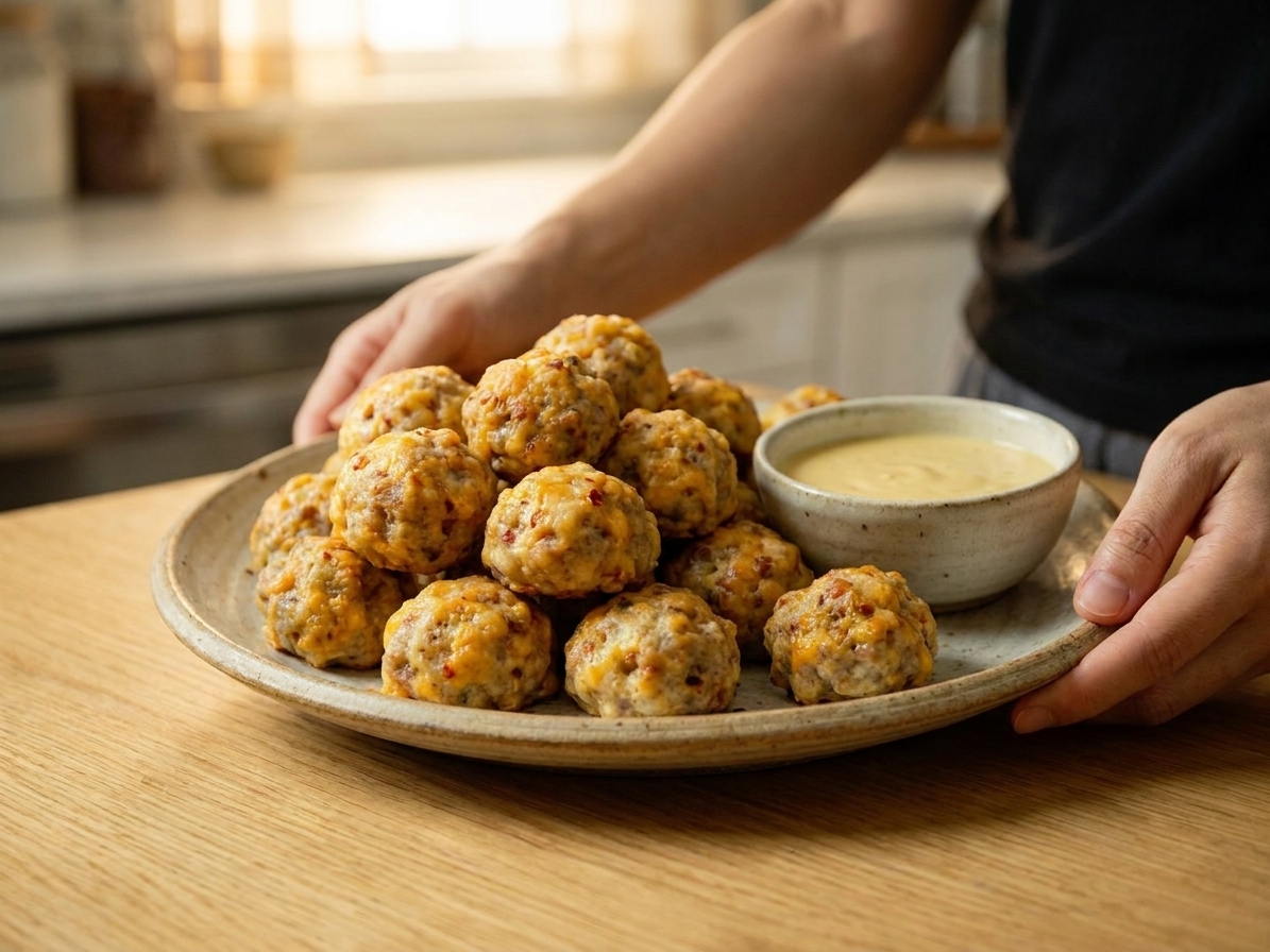 A large platter of golden brown Bisquick sausage balls with crisp edges, served with a small bowl of dipping sauce on a warm kitchen table