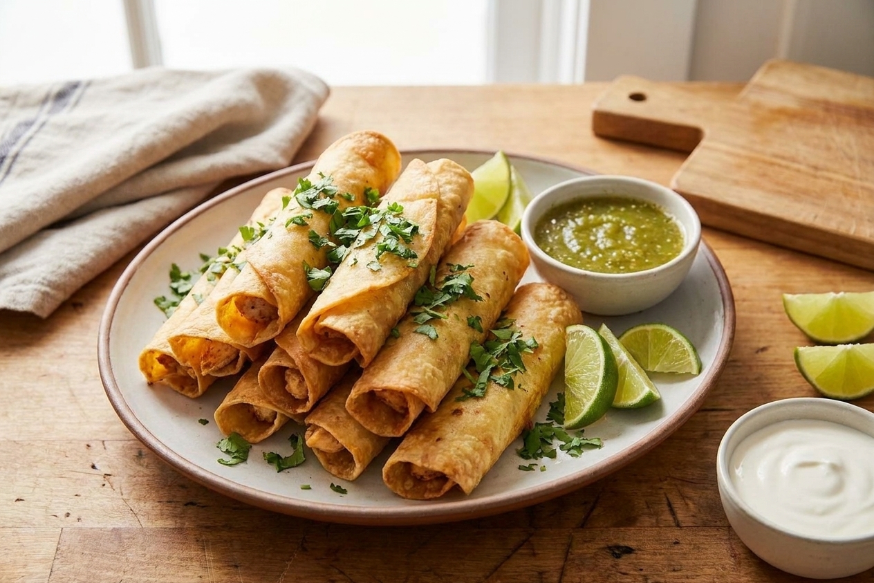 A large platter of golden, crispy chicken flautas garnished with cilantro, served with salsa verde, lime wedges, and a small bowl of crema on a warm-toned kitchen table
