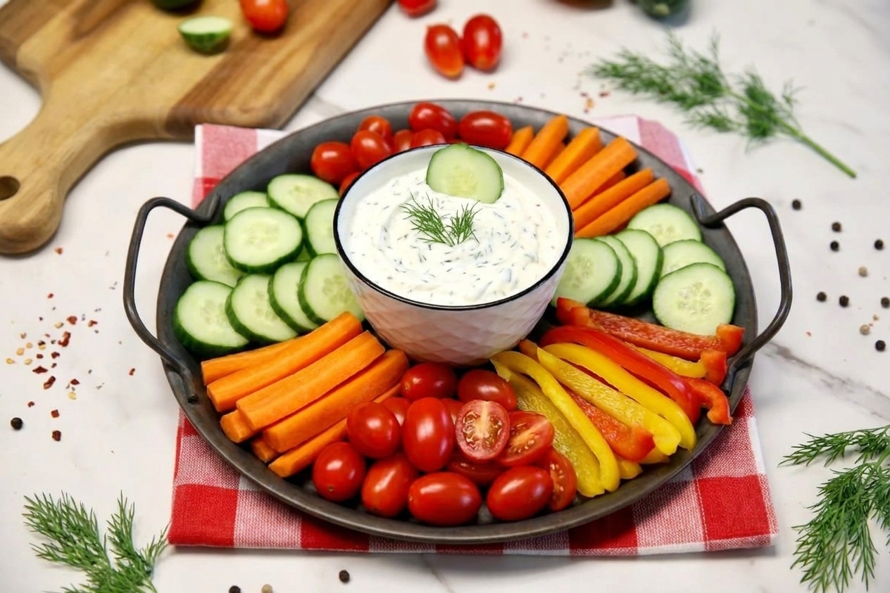 A large platter of sliced cucumbers, carrot sticks, cherry tomatoes, and bell pepper strips arranged around a small bowl, set on a bright kitchen counter with natural light