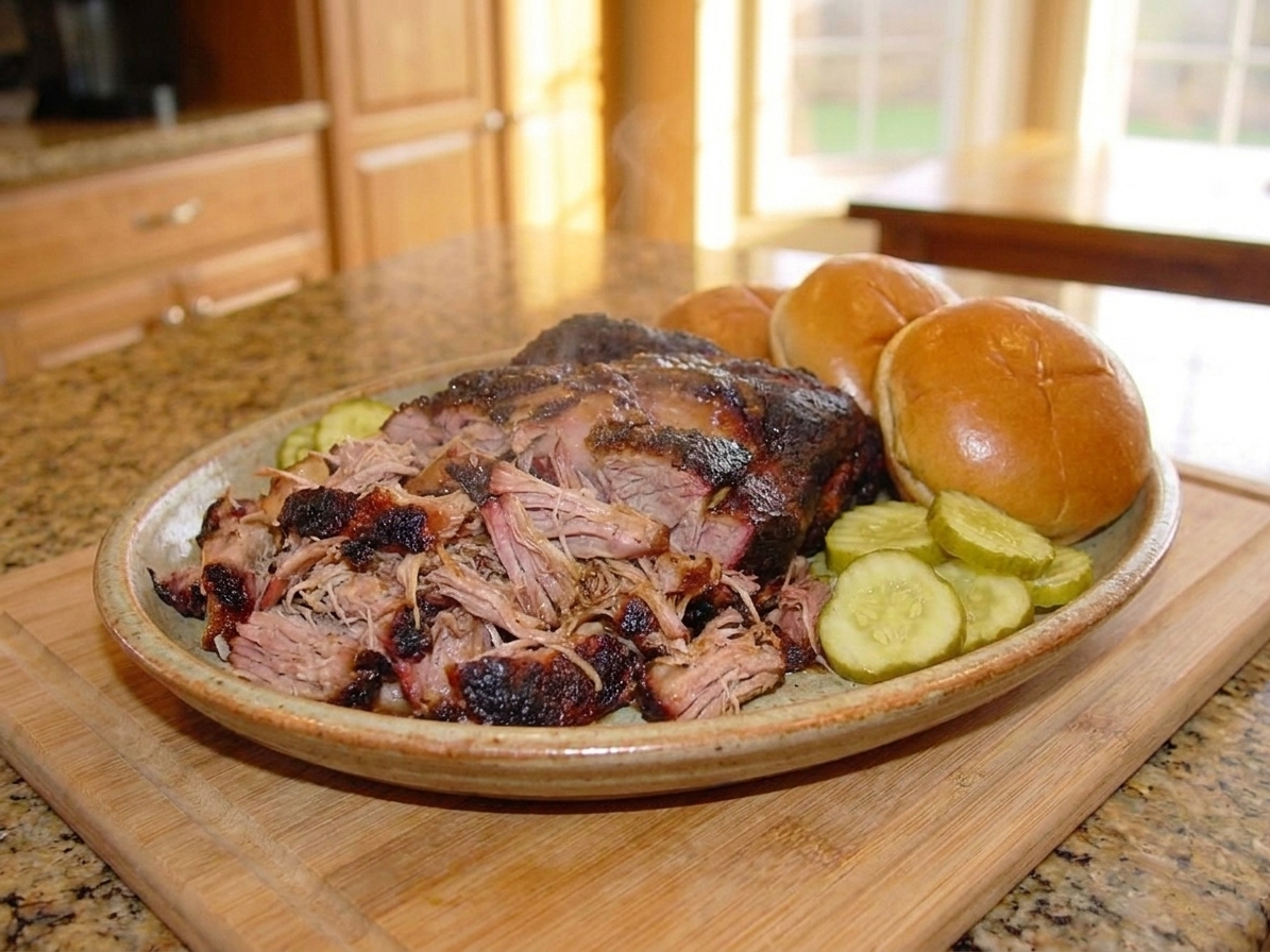 A large platter of smoked pulled pork with dark bark and juicy shredded meat, served with pickles and buns on a wooden table in warm natural light