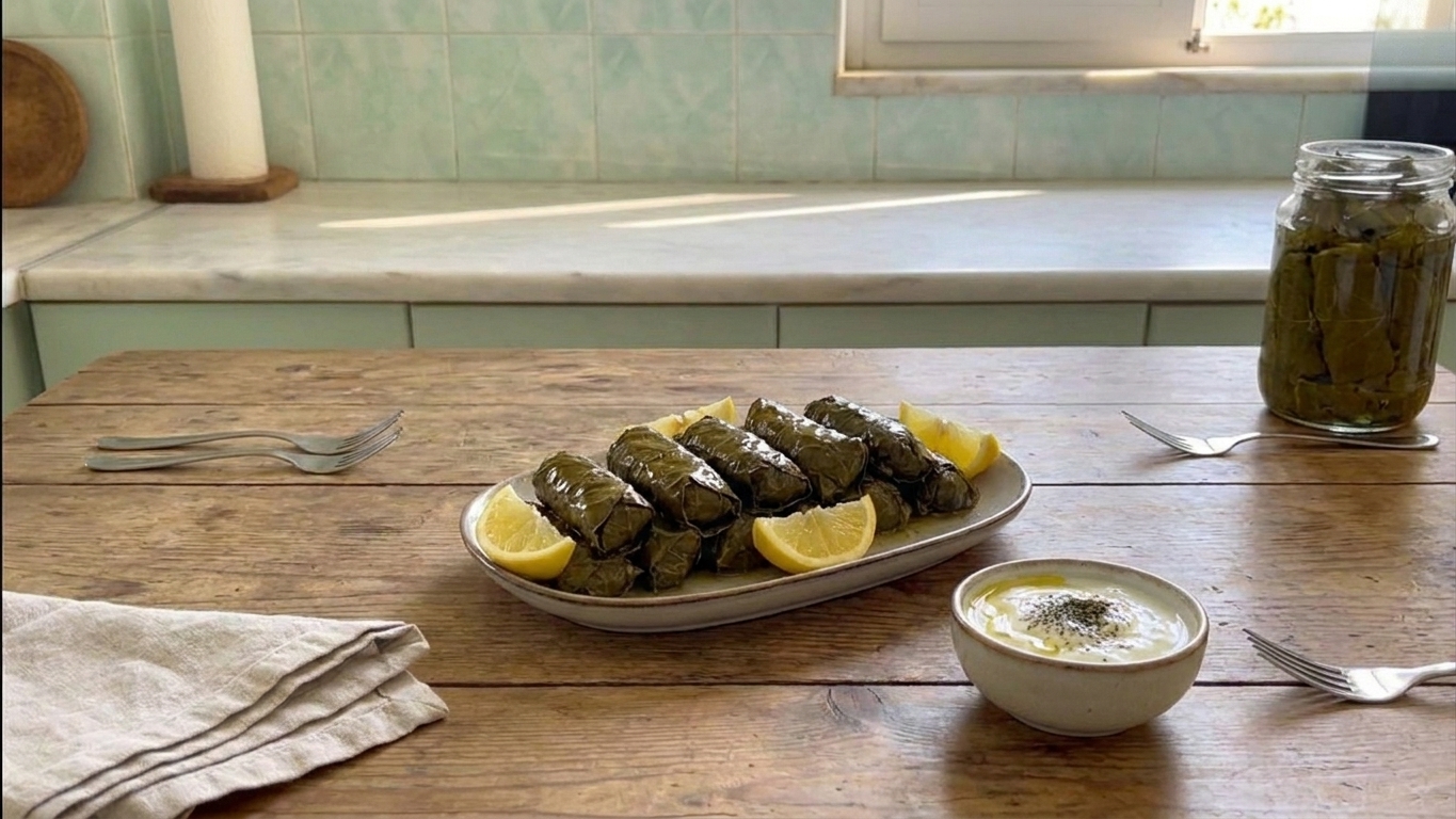 A large platter of stuffed grape leaves arranged in neat rows with lemon wedges and a small bowl of yogurt sauce on a wooden table in warm natural light