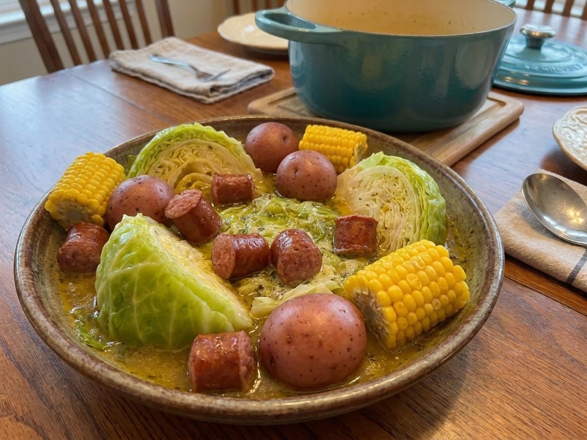 A large platter piled with cabbage wedges, smoked sausage coins, red potatoes, and corn on the cob, glistening with buttery seasoned broth on a rustic wooden table